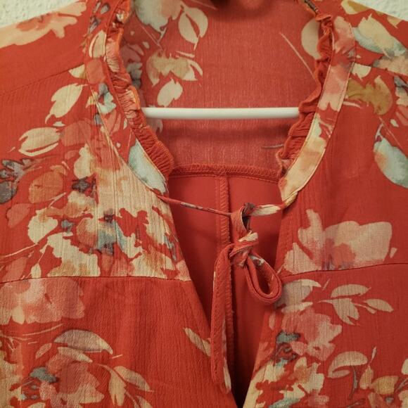 Torrid Voluminous Dress Size 2 Crinkle Gauze Floral Red Tie Neck Self Tie Belt - Picture 4 of 16